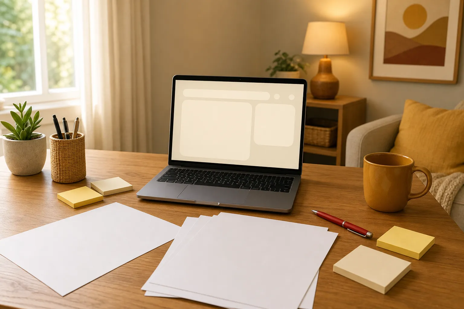 Desk with printed itinerary drafts, sticky notes marking rest windows, a laptop showing a lodging checklist, and a mug beside a red pen, 1600x1000
