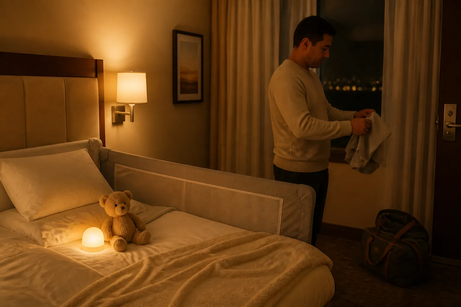 Dim evening hotel room with a toddler bed setup, night light glow, packed day bag by the door, and a parent folding a small blanket near the window, 1400x900