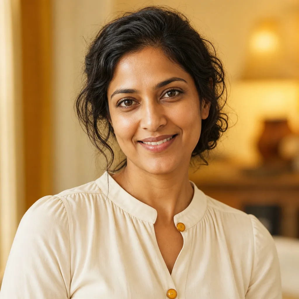 Dina Rowe, portrait, warm indoor light, professional blouse, approachable smile, 400x400